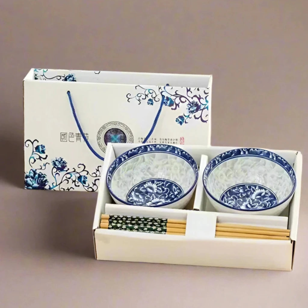 Chinese Hand-Painted Ceramic Bowls with Chopsticks in Gift Box