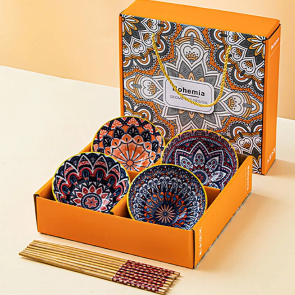 Chinese Hand-Painted Ceramic Bowls with Chopsticks in Gift Box