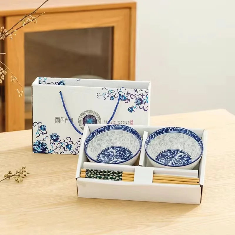 Chinese Hand-Painted Ceramic Bowls with Chopsticks in Gift Box