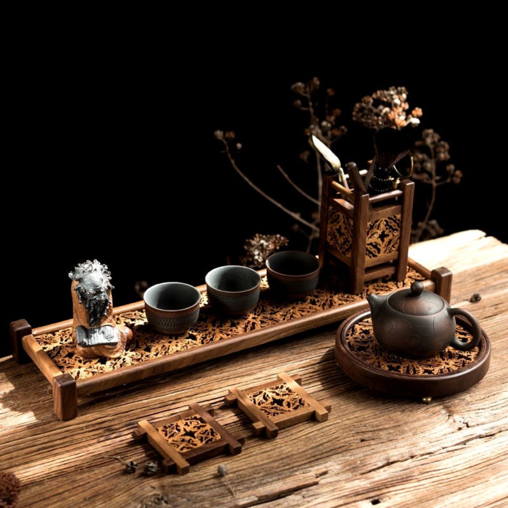 Hand-Cut Solid Wood Cup Pedestal and Serving Tray