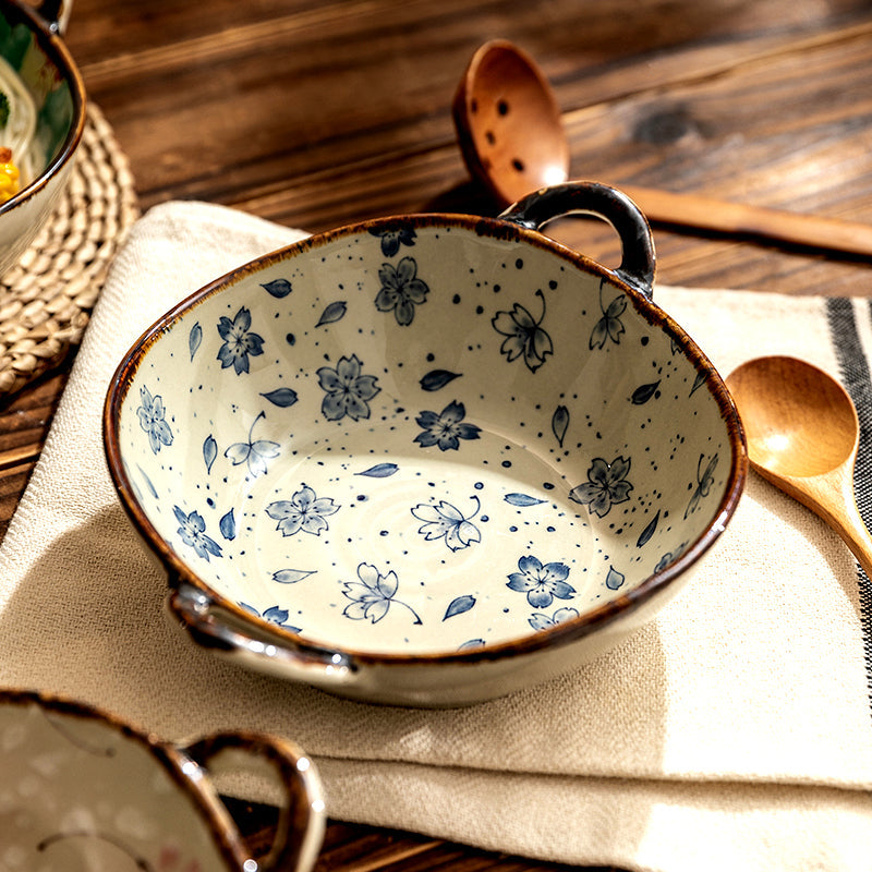 Japanese Ceramic Noodle Bowl with Handles