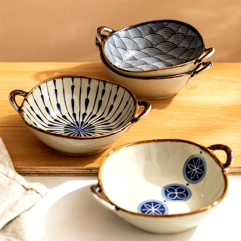 Japanese Ceramic Noodle Bowl with Handles