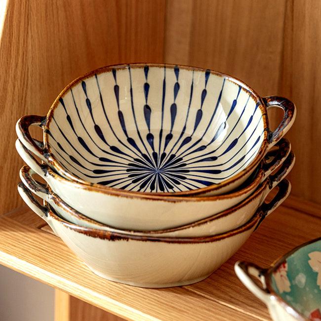 Japanese Ceramic Noodle Bowl with Handles