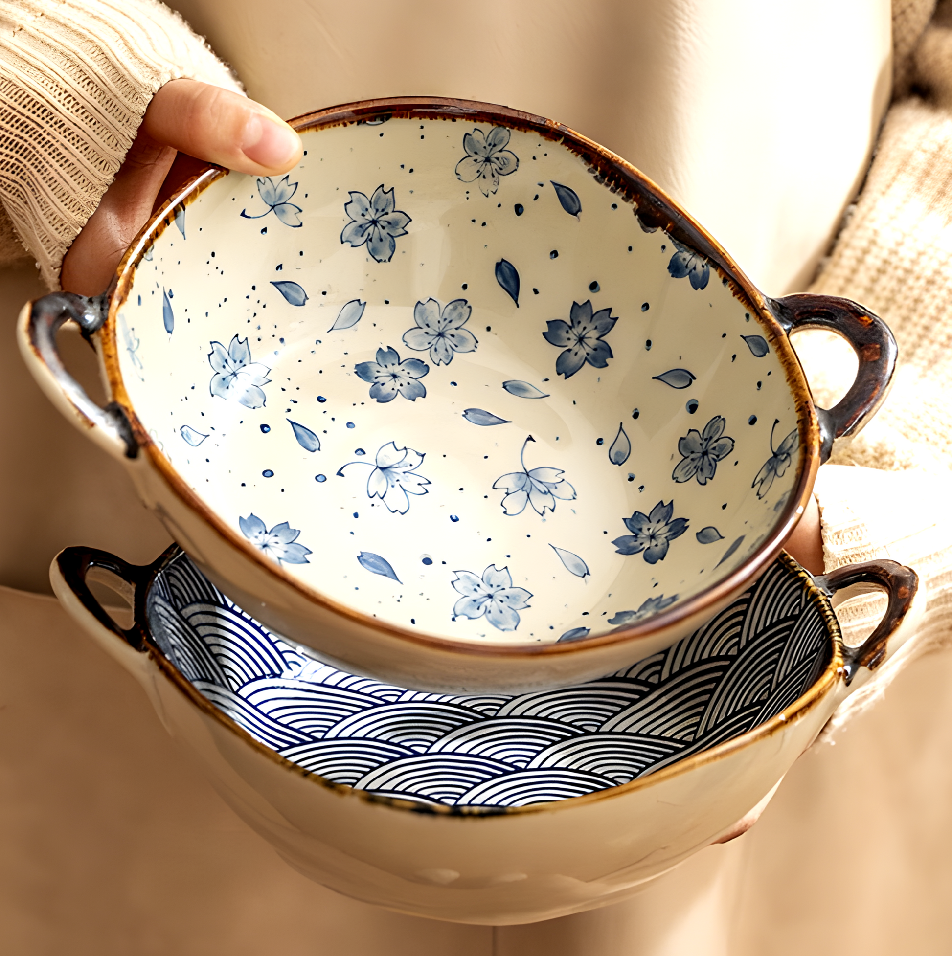 Japanese Ceramic Noodle Bowl with Handles