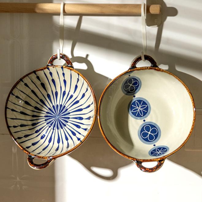 Japanese Ceramic Noodle Bowl with Handles