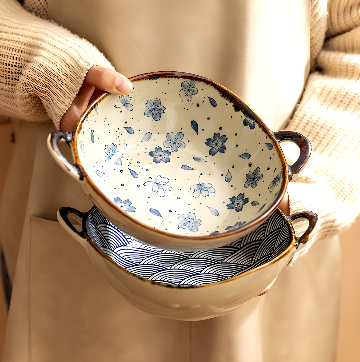 Japanese Ceramic Noodle Bowl with Handles