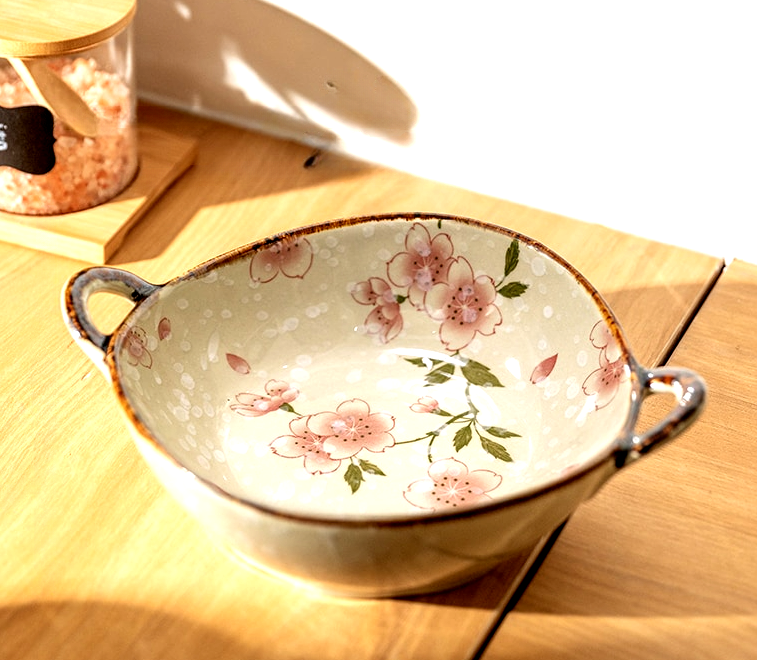 Japanese Ceramic Noodle Bowl with Handles