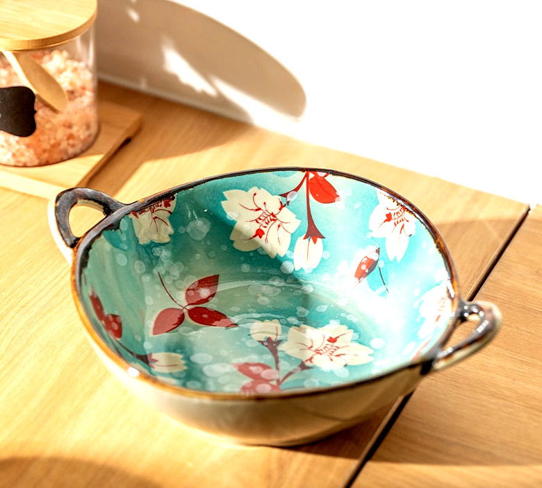 Japanese Ceramic Noodle Bowl with Handles