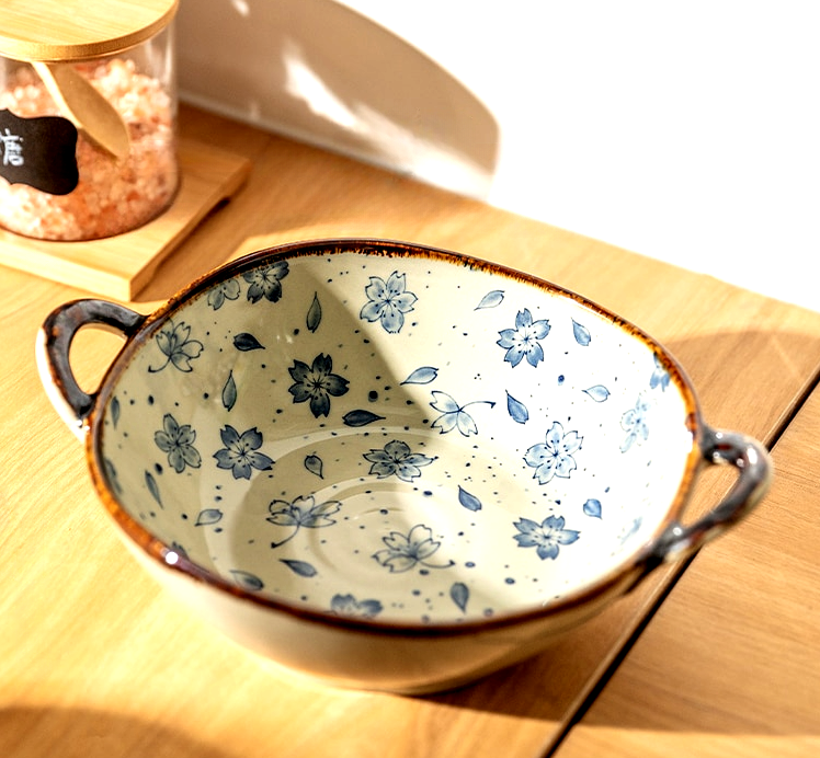 Japanese Ceramic Noodle Bowl with Handles