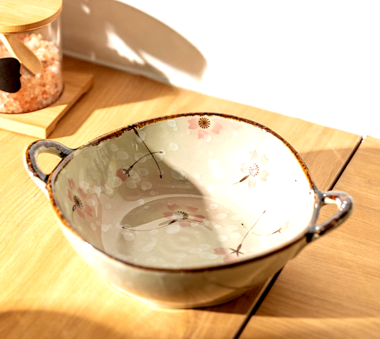 Japanese Ceramic Noodle Bowl with Handles