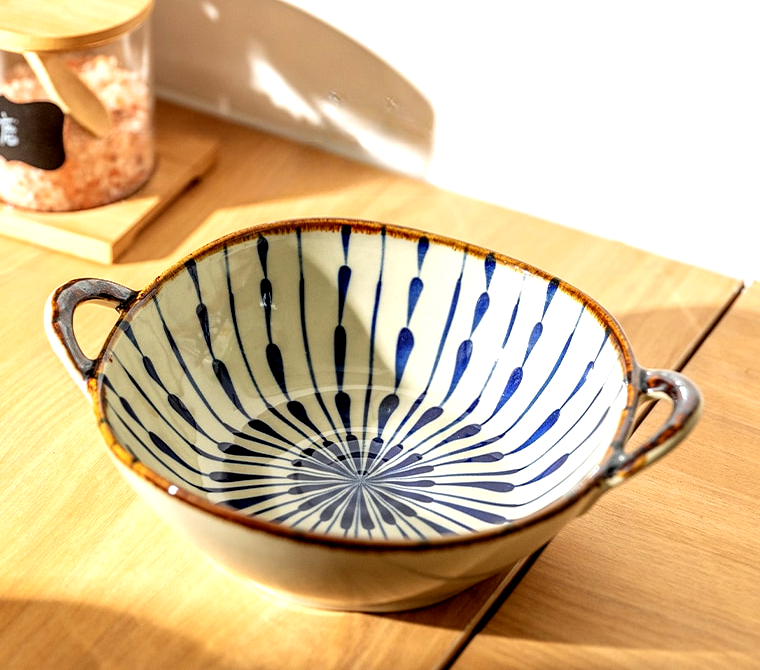 Japanese Ceramic Noodle Bowl with Handles