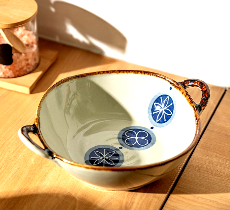 Japanese Ceramic Noodle Bowl with Handles