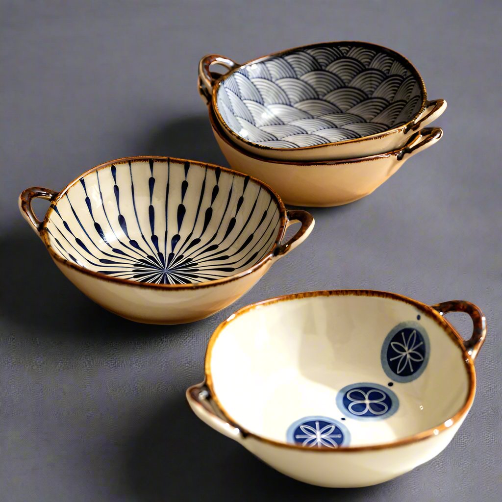 Japanese Ceramic Noodle Bowl with Handles