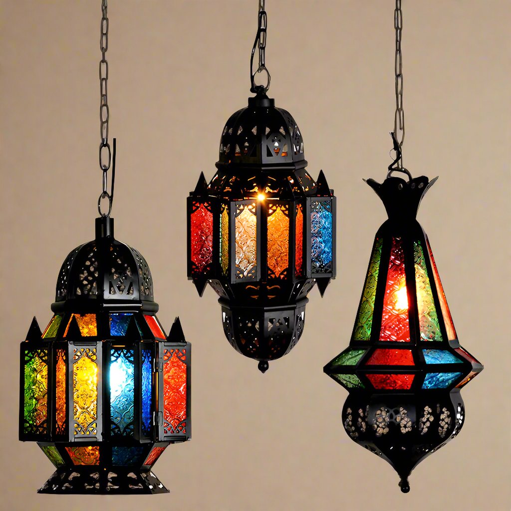 Moroccan Wrought Iron and Stained-Glass Lamp