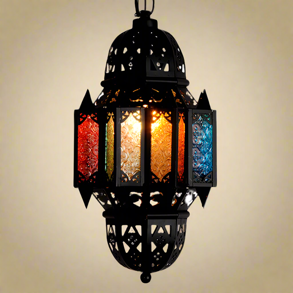 Moroccan Wrought Iron and Stained-Glass Lamp