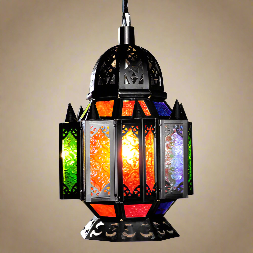 Moroccan Wrought Iron and Stained-Glass Lamp