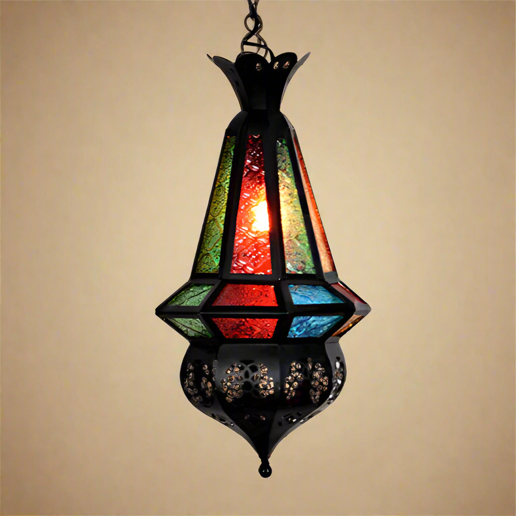 Moroccan Wrought Iron and Stained-Glass Lamp