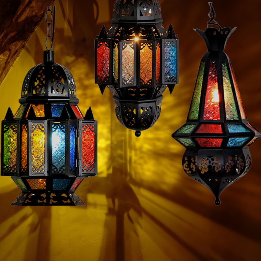 Moroccan Wrought Iron and Stained-Glass Lamp