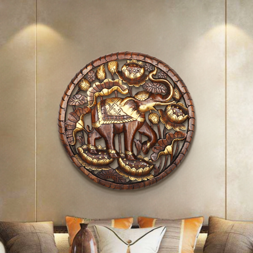 Thai Elephant Solid Wood Carved Wall Decoration