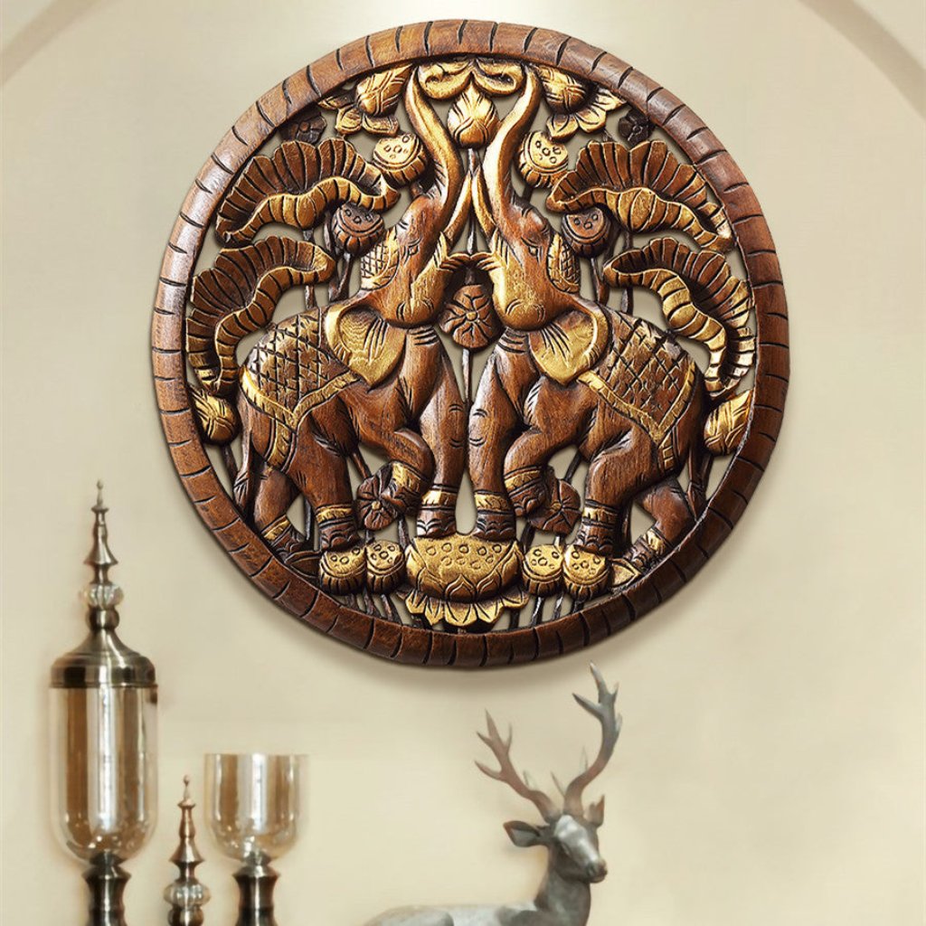 Thai Elephant Solid Wood Carved Wall Decoration