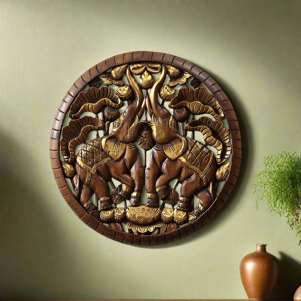 Thai Elephant Solid Wood Carved Wall Decoration