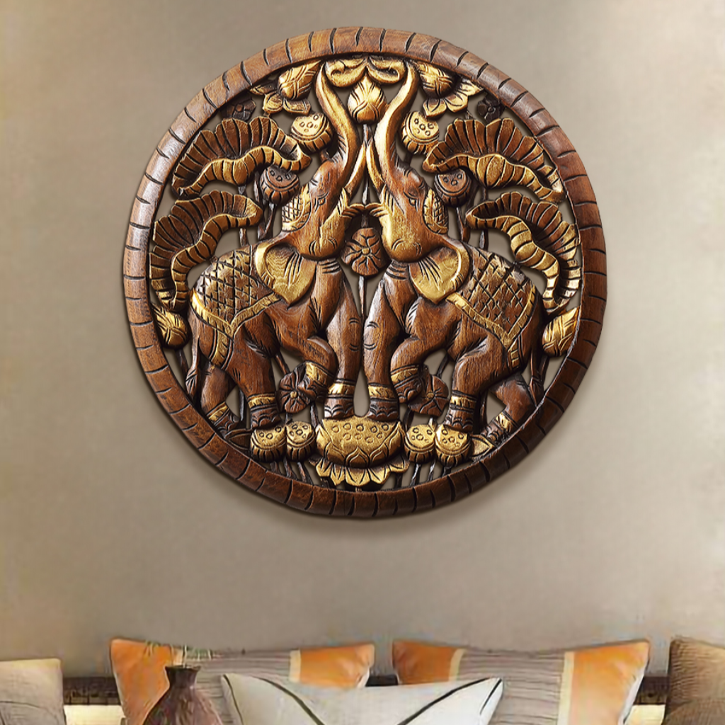 Thai Elephant Solid Wood Carved Wall Decoration