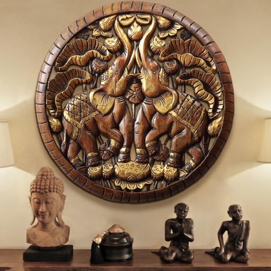 Thai Elephant Solid Wood Carved Wall Decoration